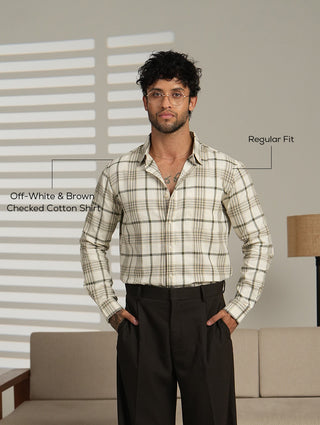 Off-White & Brown Checked Cotton Shirt – Regular Fit, Full Sleeves