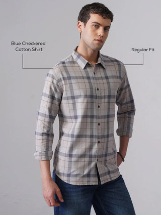 Blue Checkered Cotton Shirt – Regular Fit, Full Sleeves