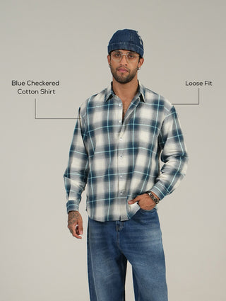 Blue Checkered Cotton Shirt – Full Sleeve, Loose Fit