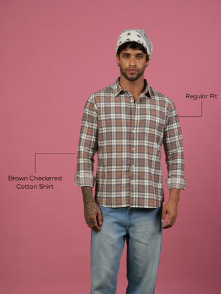 Brown Checkered Cotton Shirt – Full Sleeve, Regular Fit