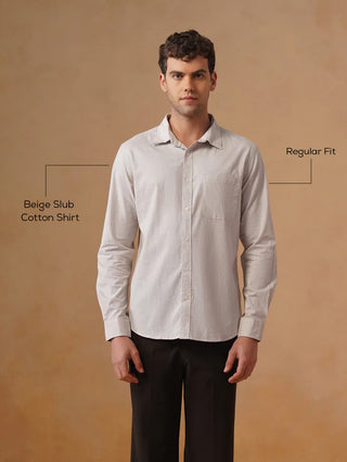 Beige Slub Cotton Shirt – Regular Fit, Full Sleeves