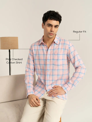 Pink Checked Cotton Shirt – Regular Fit, Full Sleeves
