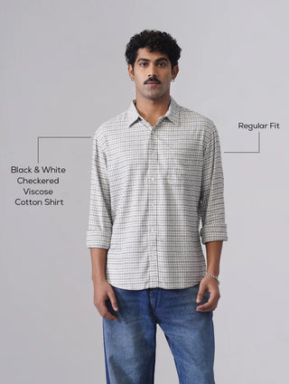 Black & White Checkered Viscose Cotton Shirt – Regular Fit, Full Sleeves