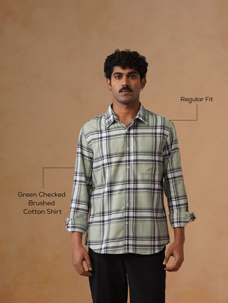 Green Checked Brushed Cotton Shirt – Regular Fit, Full Sleeves