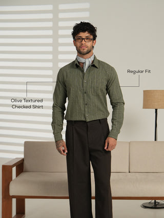 Olive Textured Checked Shirt – Regular Fit, Full Sleeves, Cotton