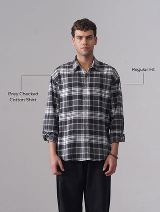 Grey Checkered Cotton Shirt – Loose Fit, Full Sleeves