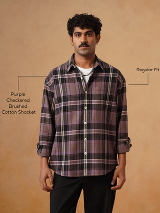 Purple Checkered Brushed Cotton Shacket – Loose Fit, Full Sleeves