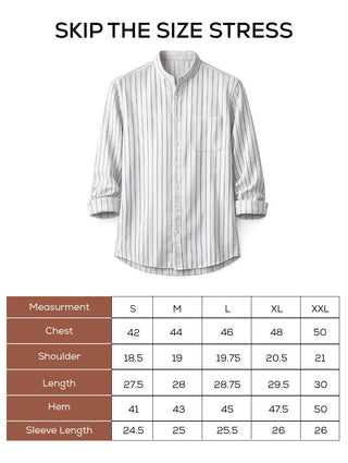 White Striped Cotton Mandarin Collar Shirt – Regular Fit, Full Sleeves