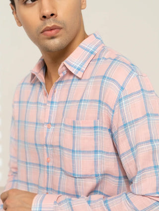 Pink Checked Cotton Shirt – Regular Fit, Full Sleeves