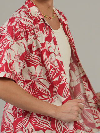 Printed Red Cuban Collar Shirt- Loose Fit