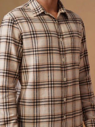 Beige Checked Cotton Shirt – Loose Fit, Full Sleeves