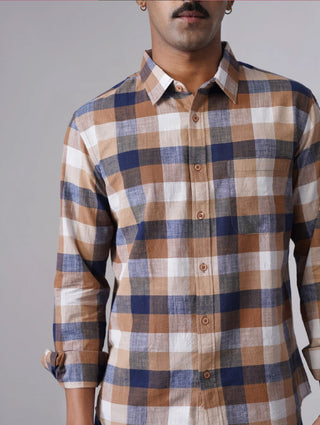 Brown Checkered Cotton Shirt – Regular Fit, Full Sleeves