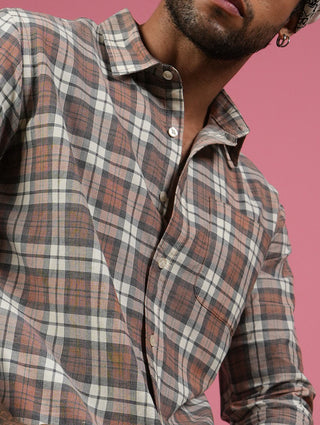 Brown Checkered Cotton Shirt – Full Sleeve, Regular Fit