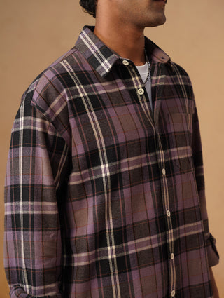 Purple Checkered Brushed Cotton Shacket – Loose Fit, Full Sleeves