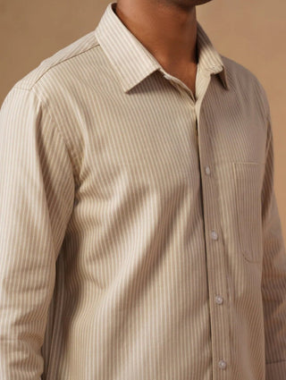 Beige Striped Cotton Shirt – Regular Fit, Full Sleeves