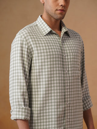 Green Gingham Brushed Cotton Shirt – Regular Fit, Full Sleeves