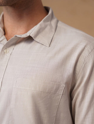 Beige Slub Cotton Shirt – Regular Fit, Full Sleeves