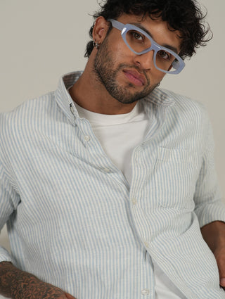 Blue Striped Cotton Shirt – Full Sleeve, Regular Fit, Classic Collar