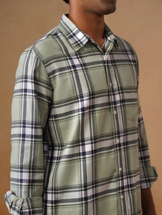 Green Checked Brushed Cotton Shirt – Regular Fit, Full Sleeves