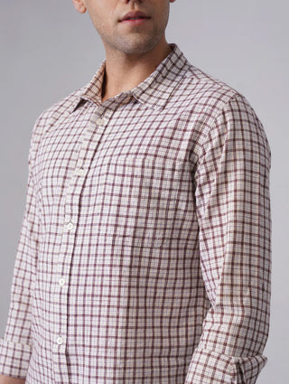 Beige & Maroon Checkered Cotton Shirt – Regular Fit, Full Sleeves