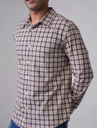 Beige & Grey Checked Cotton Stretch Shirt – Regular Fit, Full Sleeves