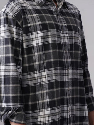 Grey Checkered Brushed Cotton Shirt – Loose Fit, Full Sleeves